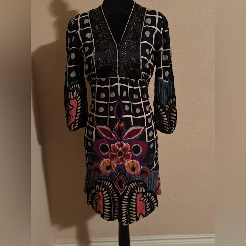 Peace & Love Gold Embellished Kimono Sleeve Dress".